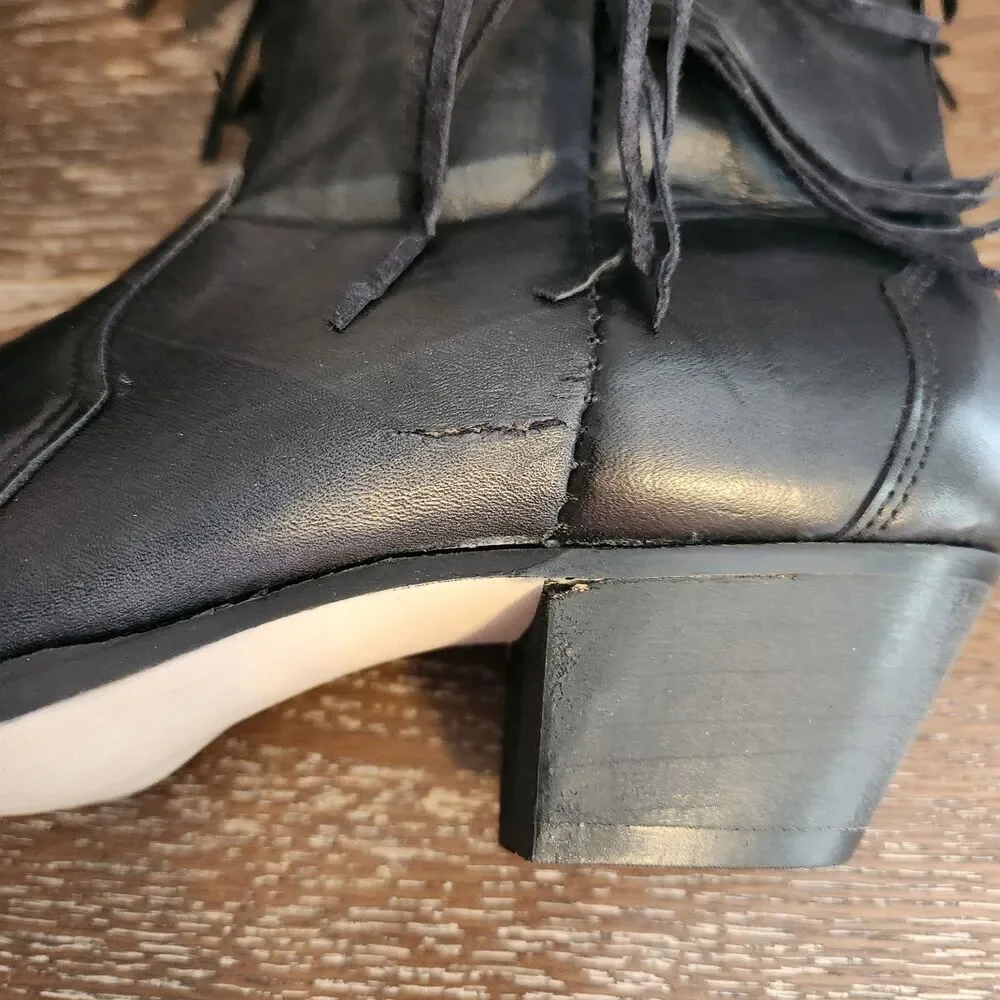 Vintage 80s 90s Laredo Black Leather Fringe Western Cowgirl Boots 28-710 NOS